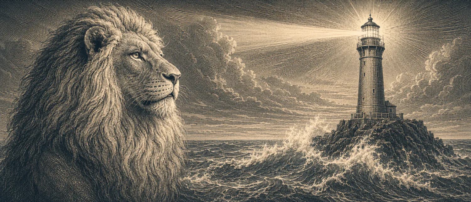Classical engraving: a monumental lion watches over a rough sea, a lighthouse on rocks with beams of light in the background — an emblem of vigilance, orientation and institutional substance